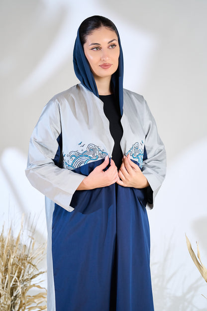 Blue Wave-Inspired Embroidered Abaya in Dual-Tone Panels