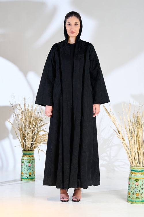 Black Textured Jacquard Abaya with Subtle Leaf Pattern & Flowing Silhouette