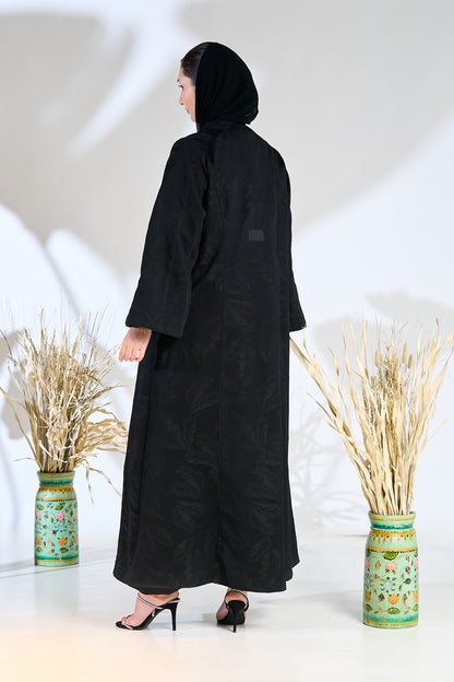 Black Textured Jacquard Abaya with Subtle Leaf Pattern & Flowing Silhouette
