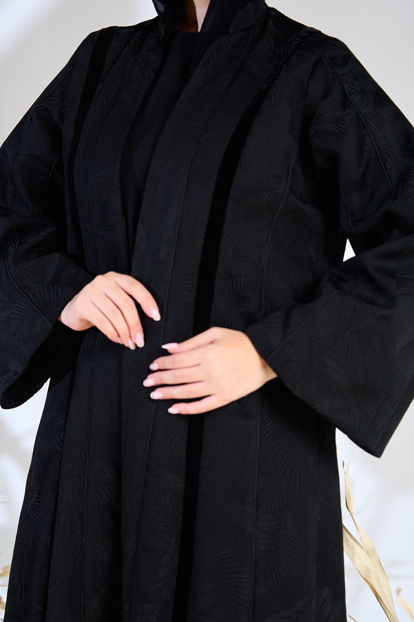 Black Textured Jacquard Abaya with Subtle Leaf Pattern & Flowing Silhouette