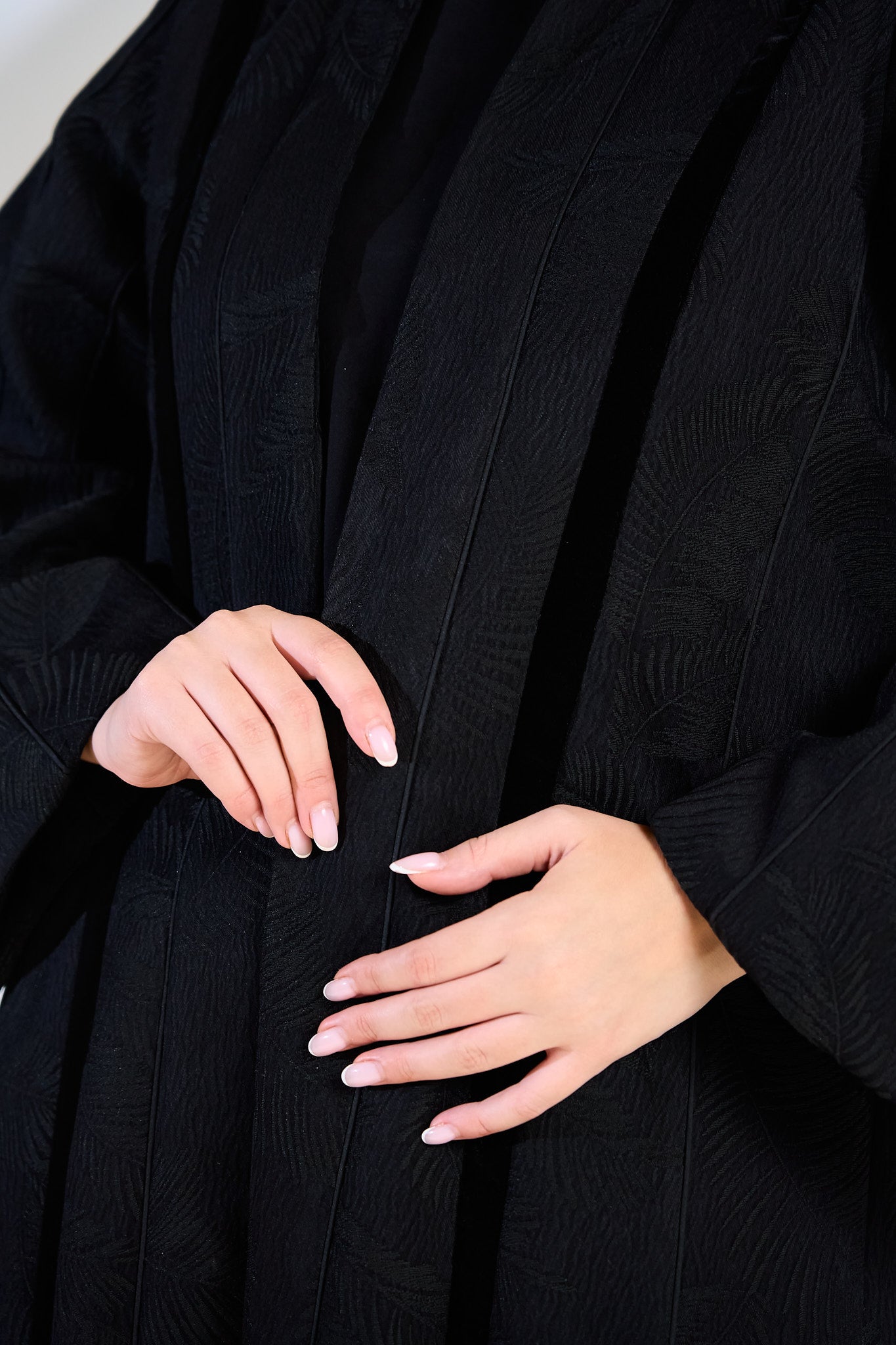 Black Textured Jacquard Abaya with Subtle Leaf Pattern & Flowing Silhouette