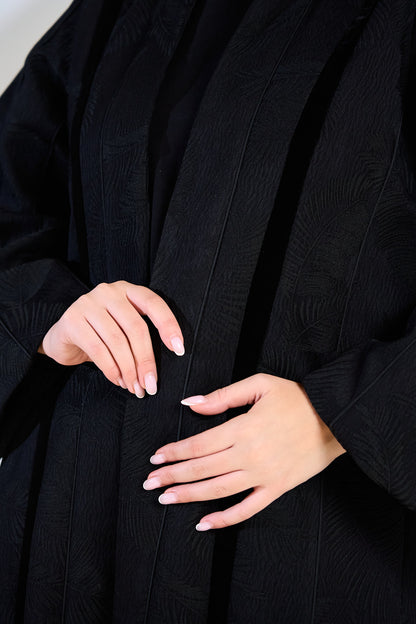 Black Textured Jacquard Abaya with Subtle Leaf Pattern & Flowing Silhouette