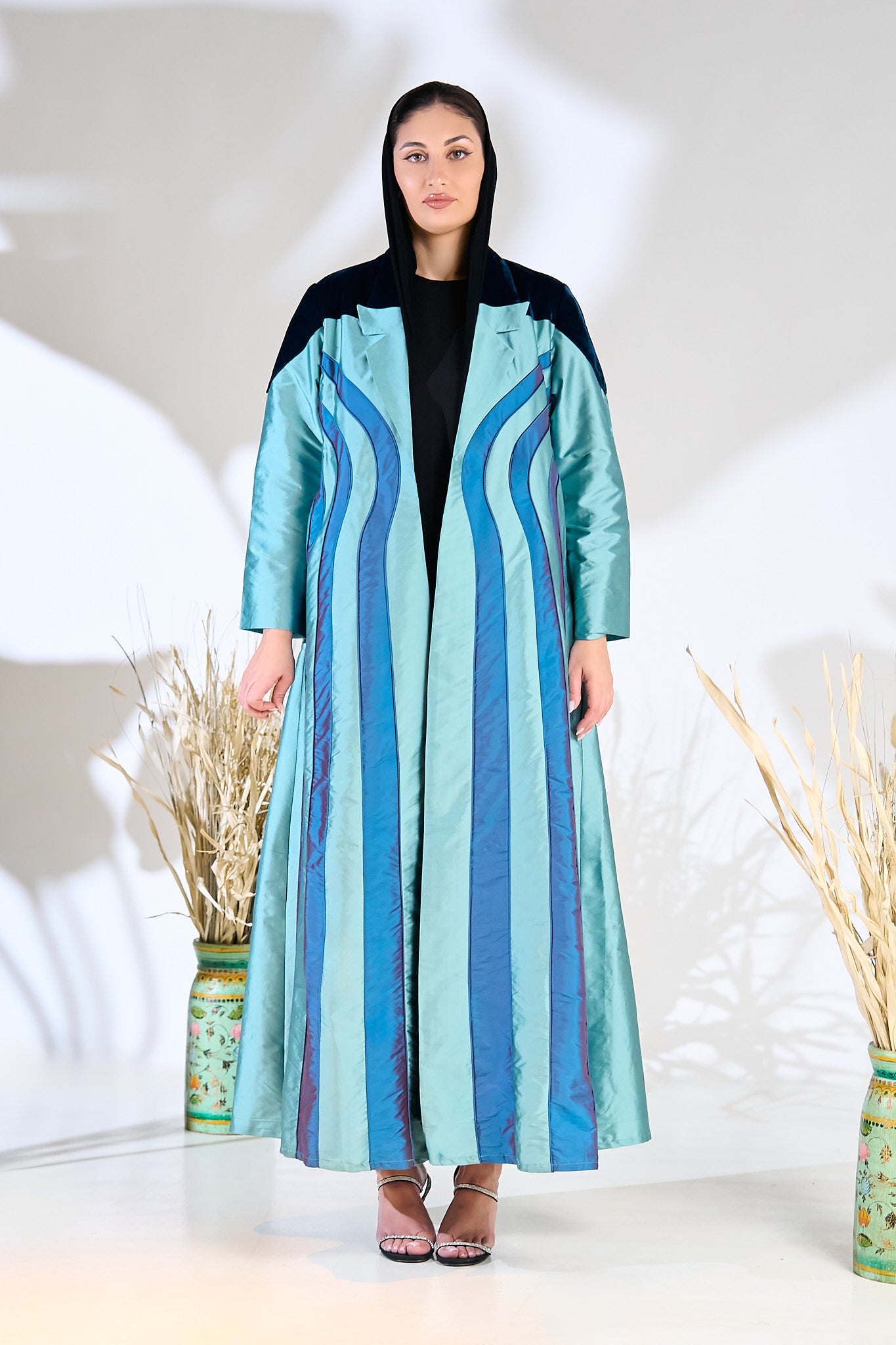 Teal Taffeta Abaya with Sculpted Velvet Panels & Ombre Wave Detailing