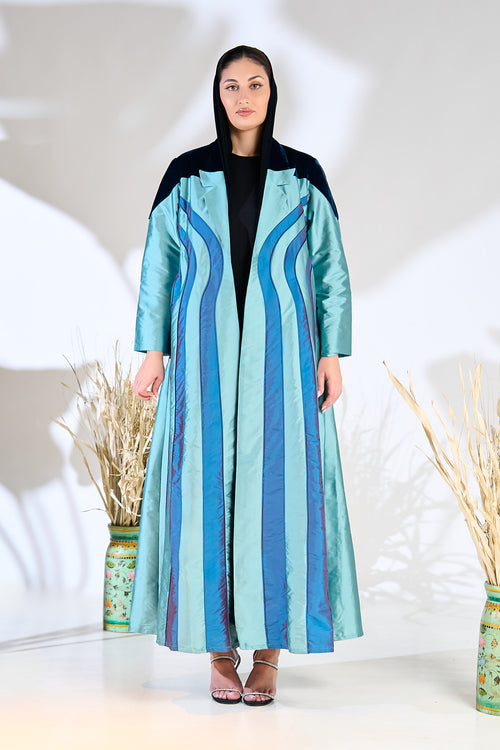Teal Taffeta Abaya with Sculpted Velvet Panels & Ombre Wave Detailing