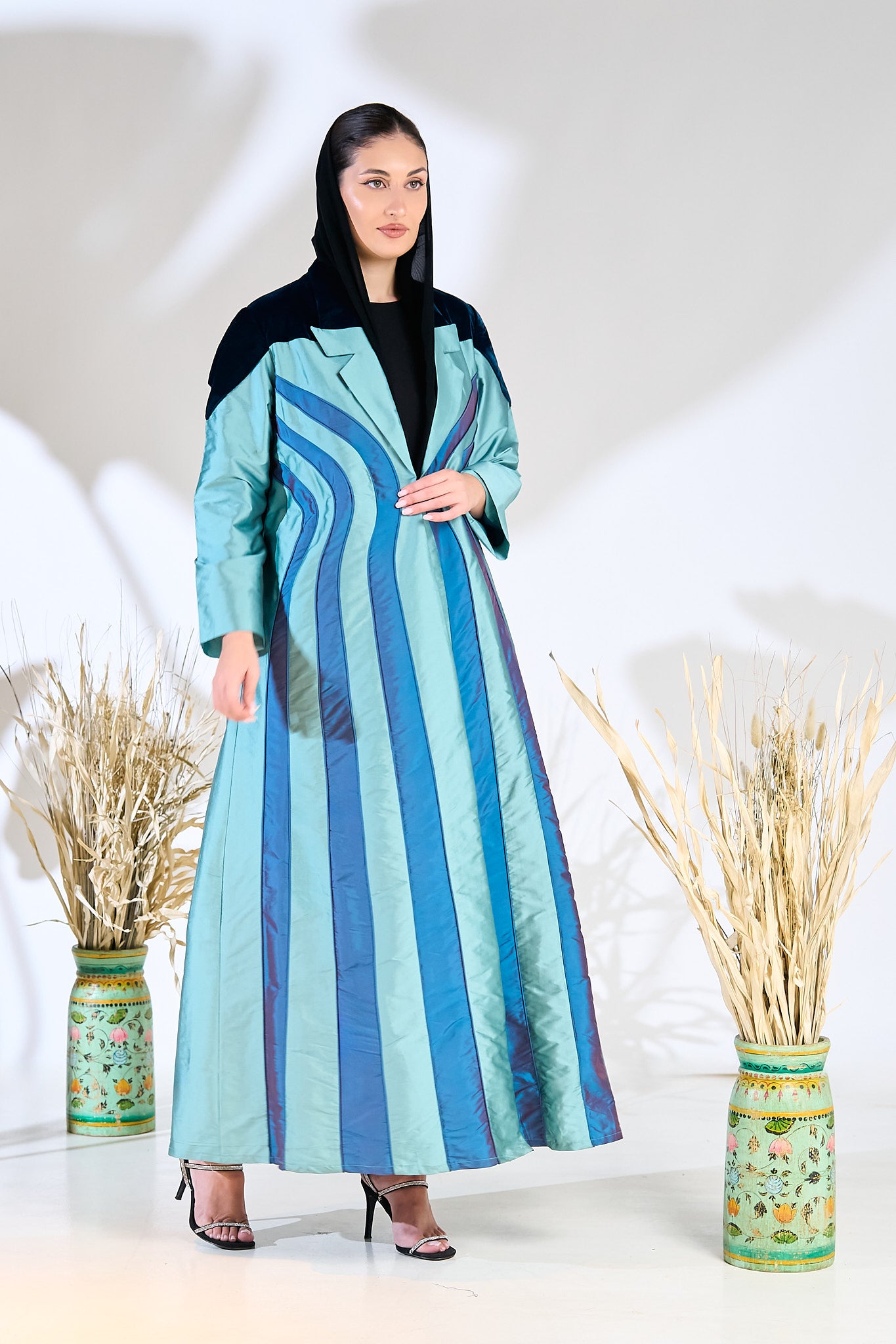 Teal Taffeta Abaya with Sculpted Velvet Panels & Ombre Wave Detailing