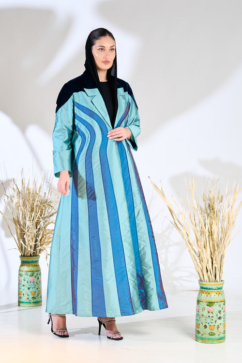 Teal Taffeta Abaya with Sculpted Velvet Panels & Ombre Wave Detailing – hover image