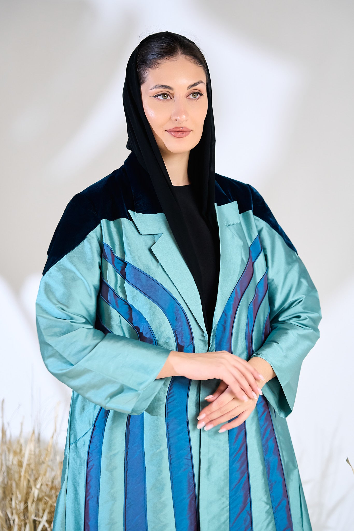 Teal Taffeta Abaya with Sculpted Velvet Panels & Ombre Wave Detailing