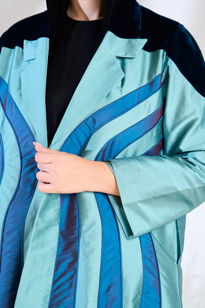 Teal Taffeta Abaya with Sculpted Velvet Panels & Ombre Wave Detailing