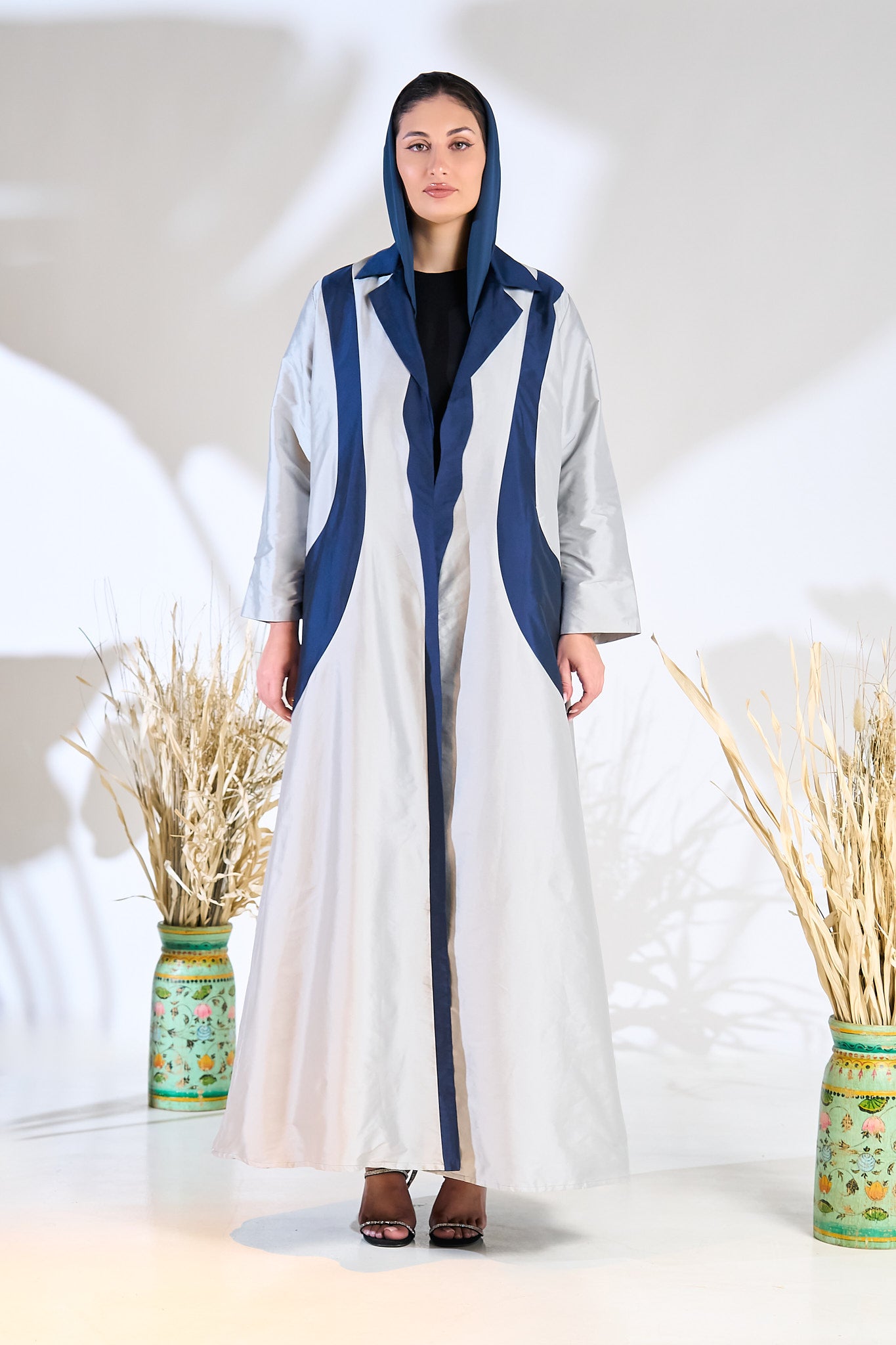 Two-Tone Sapphire Wave Abaya in Textured Taffeta with Sculpted Panel Design