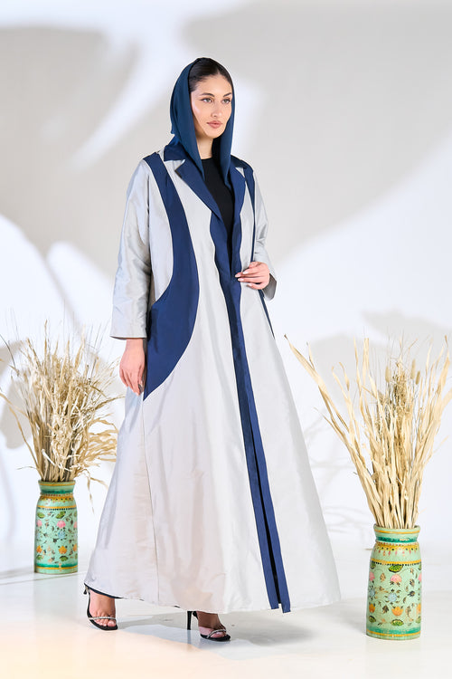 Two-Tone Sapphire Wave Abaya in Textured Taffeta with Sculpted Panel Design – hover image