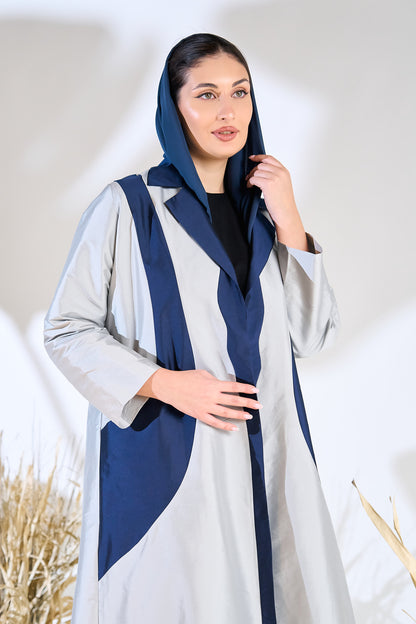 Two-Tone Sapphire Wave Abaya in Textured Taffeta with Sculpted Panel Design