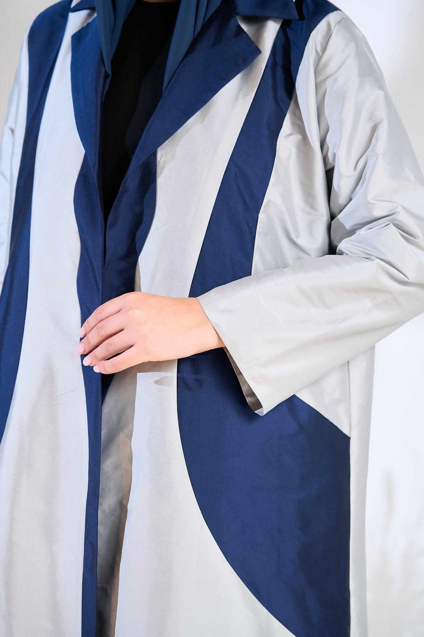 Two-Tone Sapphire Wave Abaya in Textured Taffeta with Sculpted Panel Design