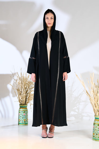 Black Aura Panel-Cut Abaya with Laser Lace Detailing
