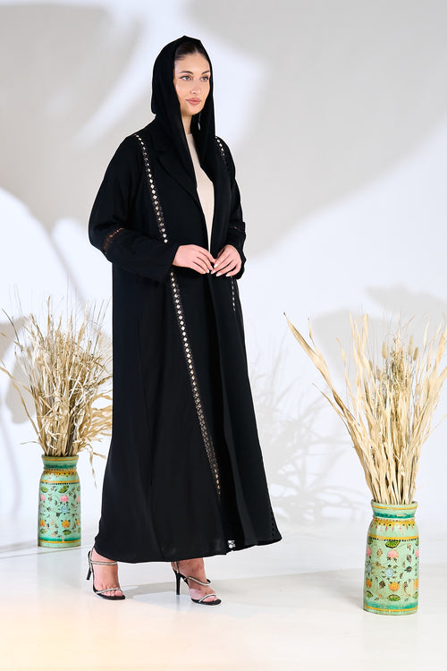 Black Aura Panel-Cut Abaya with Laser Lace Detailing – hover image
