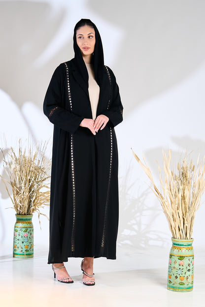 Black Aura Panel-Cut Abaya with Laser Lace Detailing