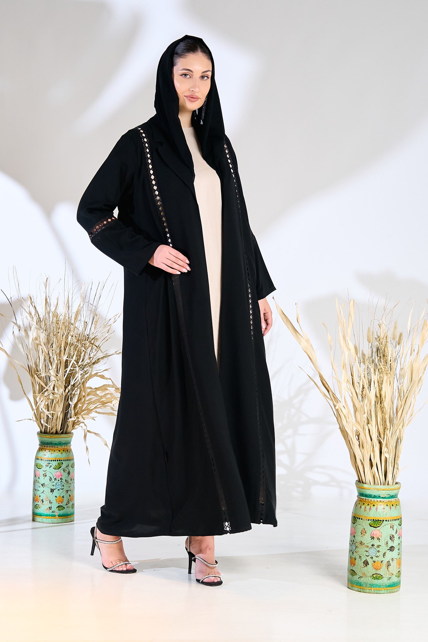 Black Aura Panel-Cut Abaya with Laser Lace Detailing