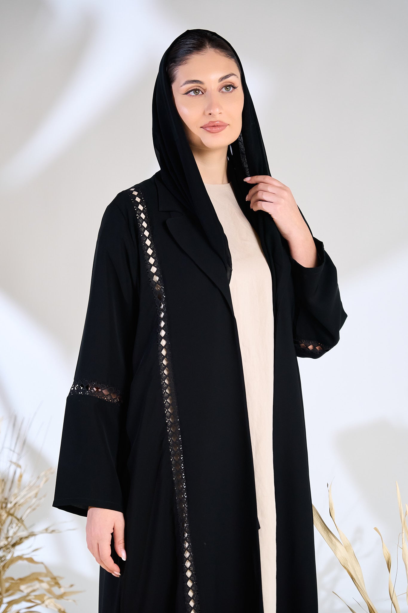 Black Aura Panel-Cut Abaya with Laser Lace Detailing
