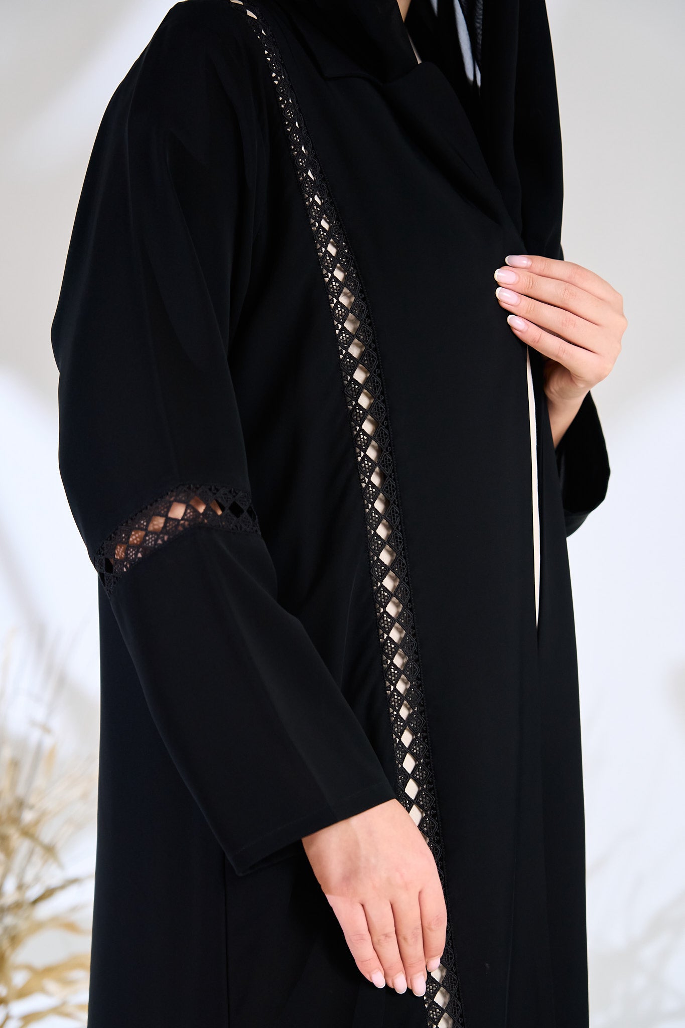 Black Aura Panel-Cut Abaya with Laser Lace Detailing
