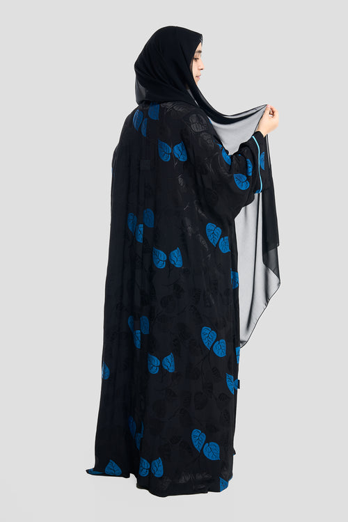 Black & Blue Leaf Print Abaya – hover image