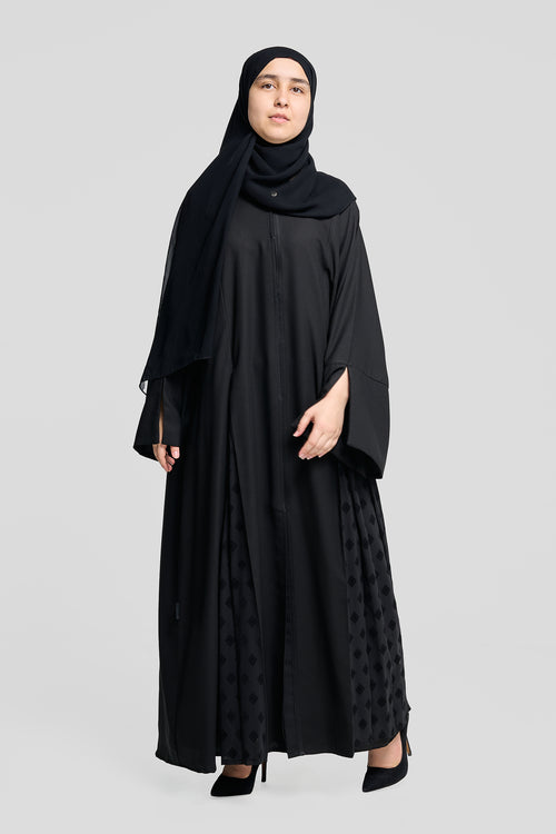 Classic Black Abaya with Patterned Panels