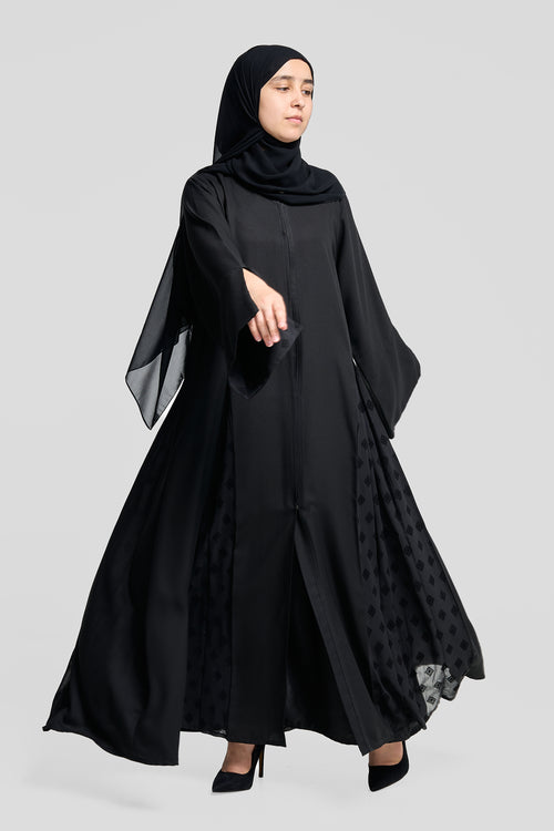 Classic Black Abaya with Patterned Panels – hover image