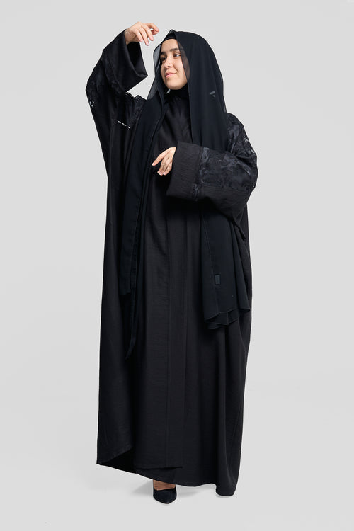 Black Abaya with Textured Floral Sleeve Detailing