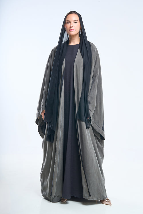 Kimono Style Charcoal Black Abaya with Wide Sleeves and Fluid Silhouette – hover image