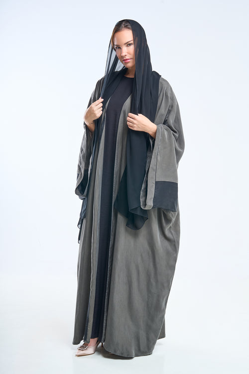 Kimono Style Charcoal Black Abaya with Wide Sleeves and Fluid Silhouette