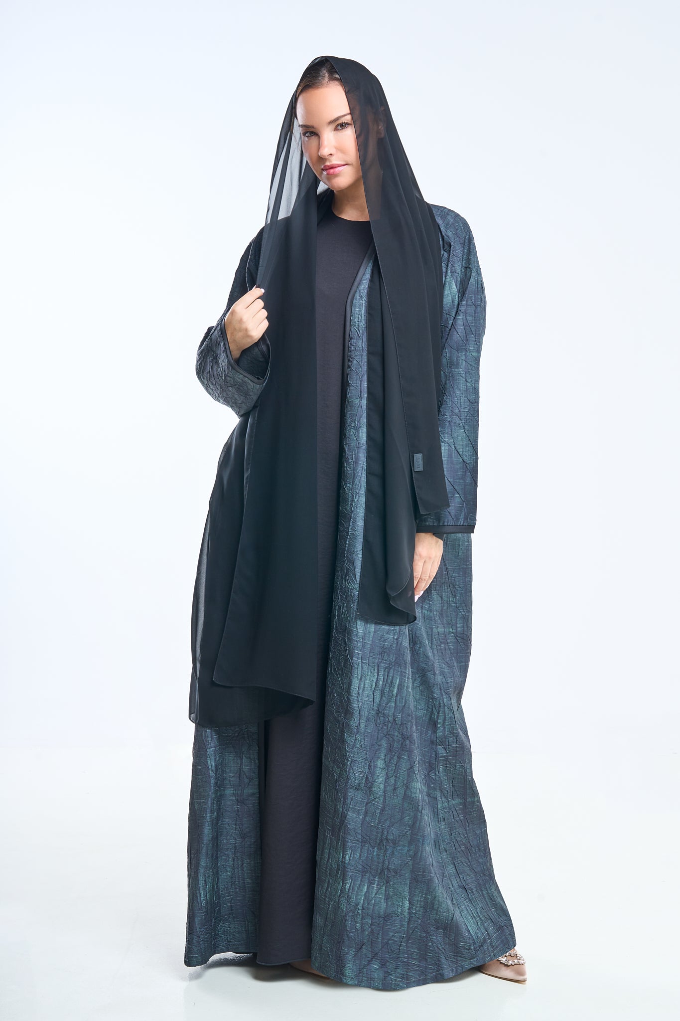 Open Abaya with Forest Texture Print