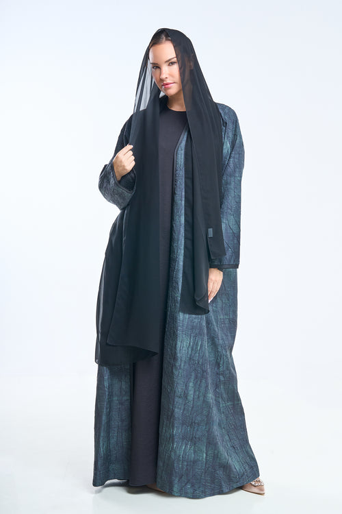 افتح Abaya مع طباعة نسيج الغابات