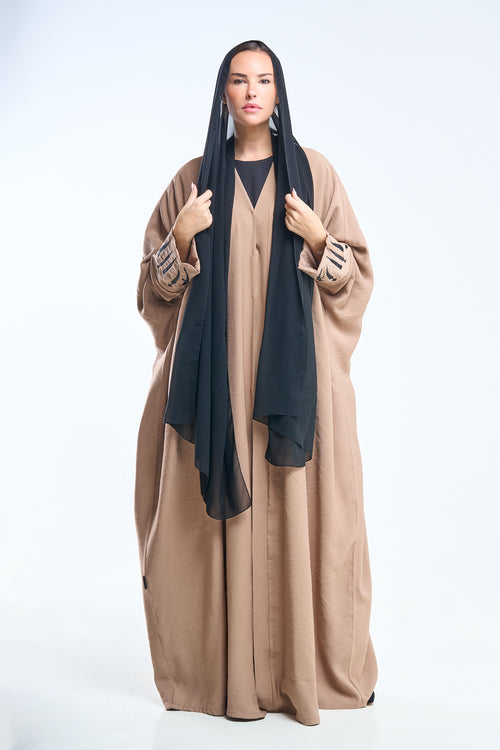 Premium Open Abaya with Metallic Sword Brown Embroidery Design