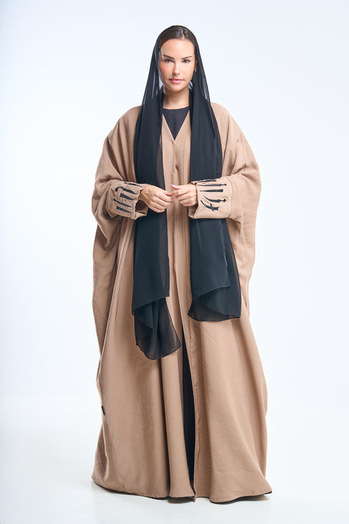 Premium Open Abaya with Metallic Sword Brown Embroidery Design – hover image