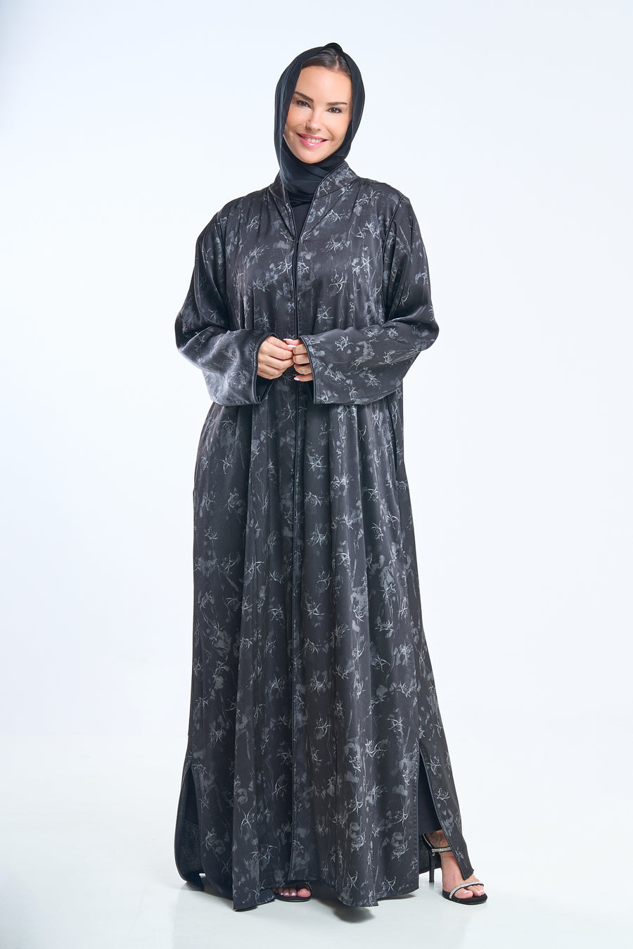 Charcoal Satin Classic Abaya Floral Printed Design