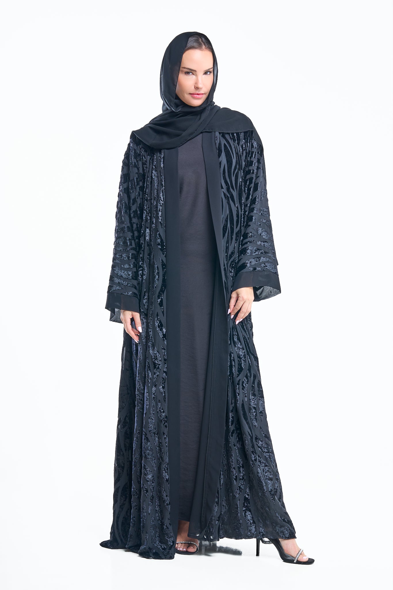 Velvet Burnout Abaya with Abstract Sleeves