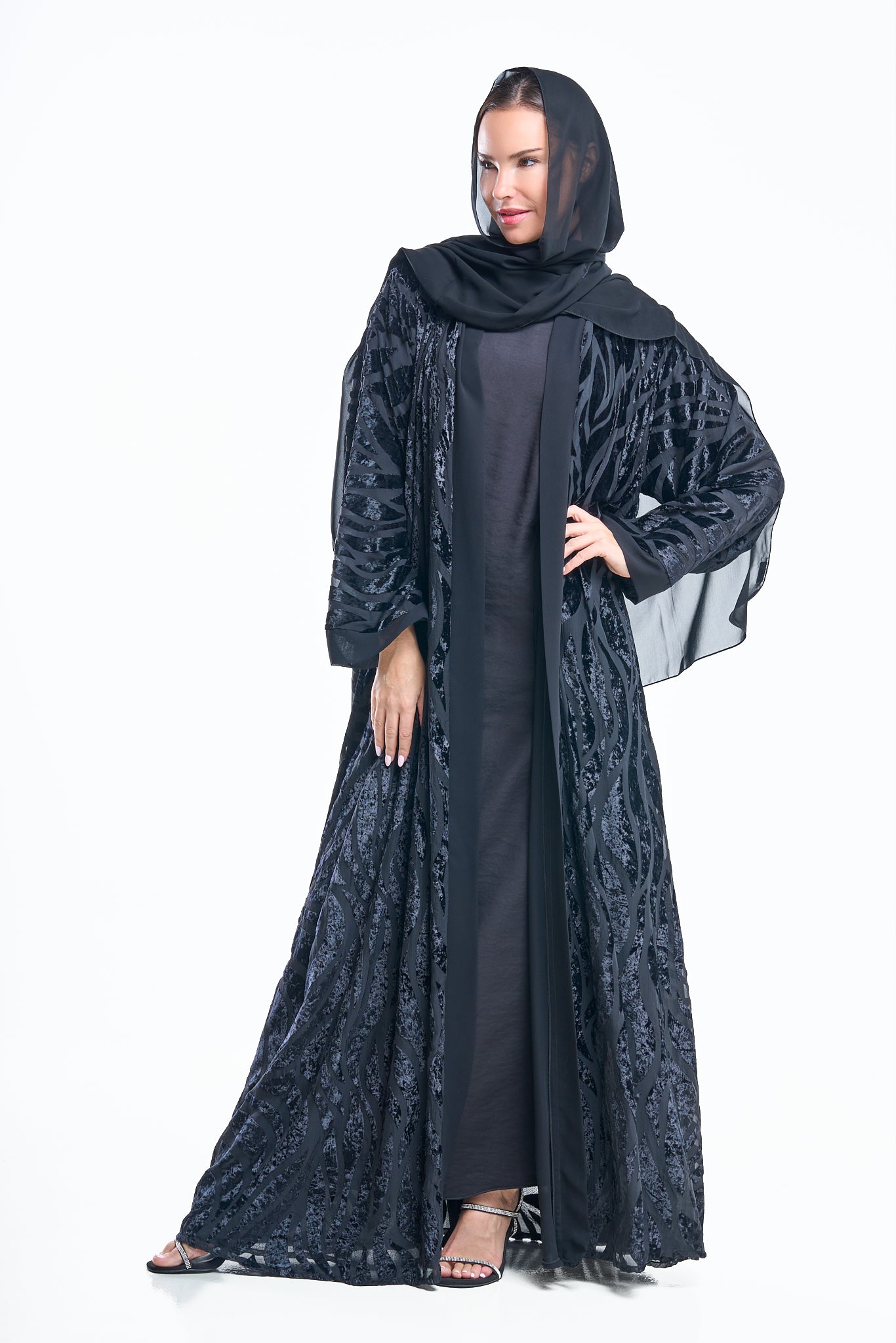 Velvet Burnout Abaya with Abstract Sleeves