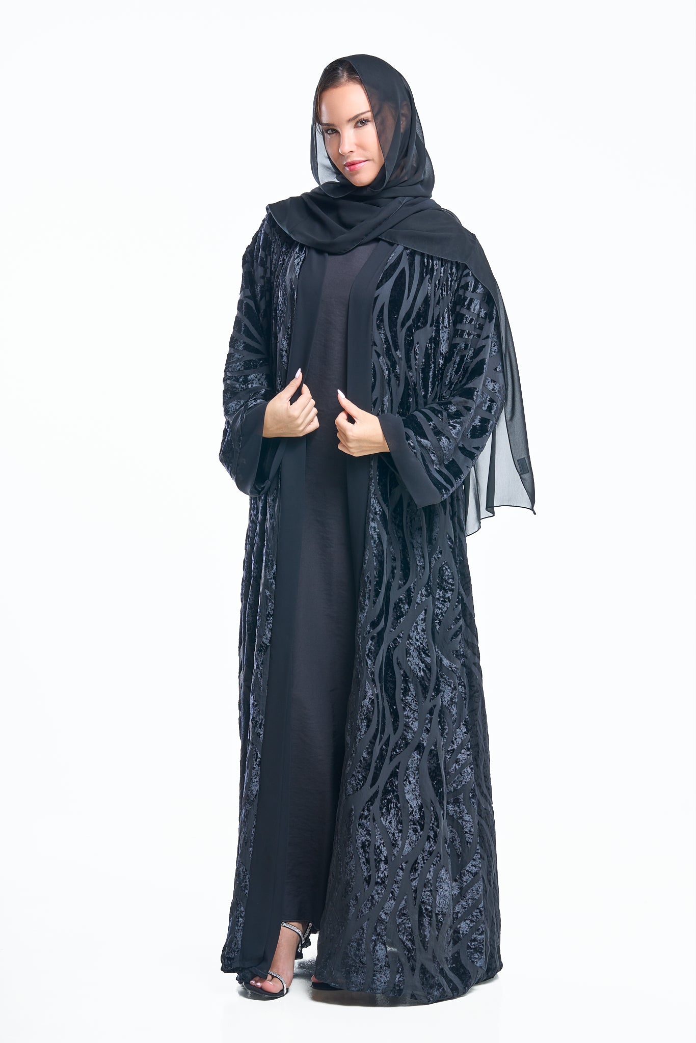 Velvet Burnout Abaya with Abstract Sleeves
