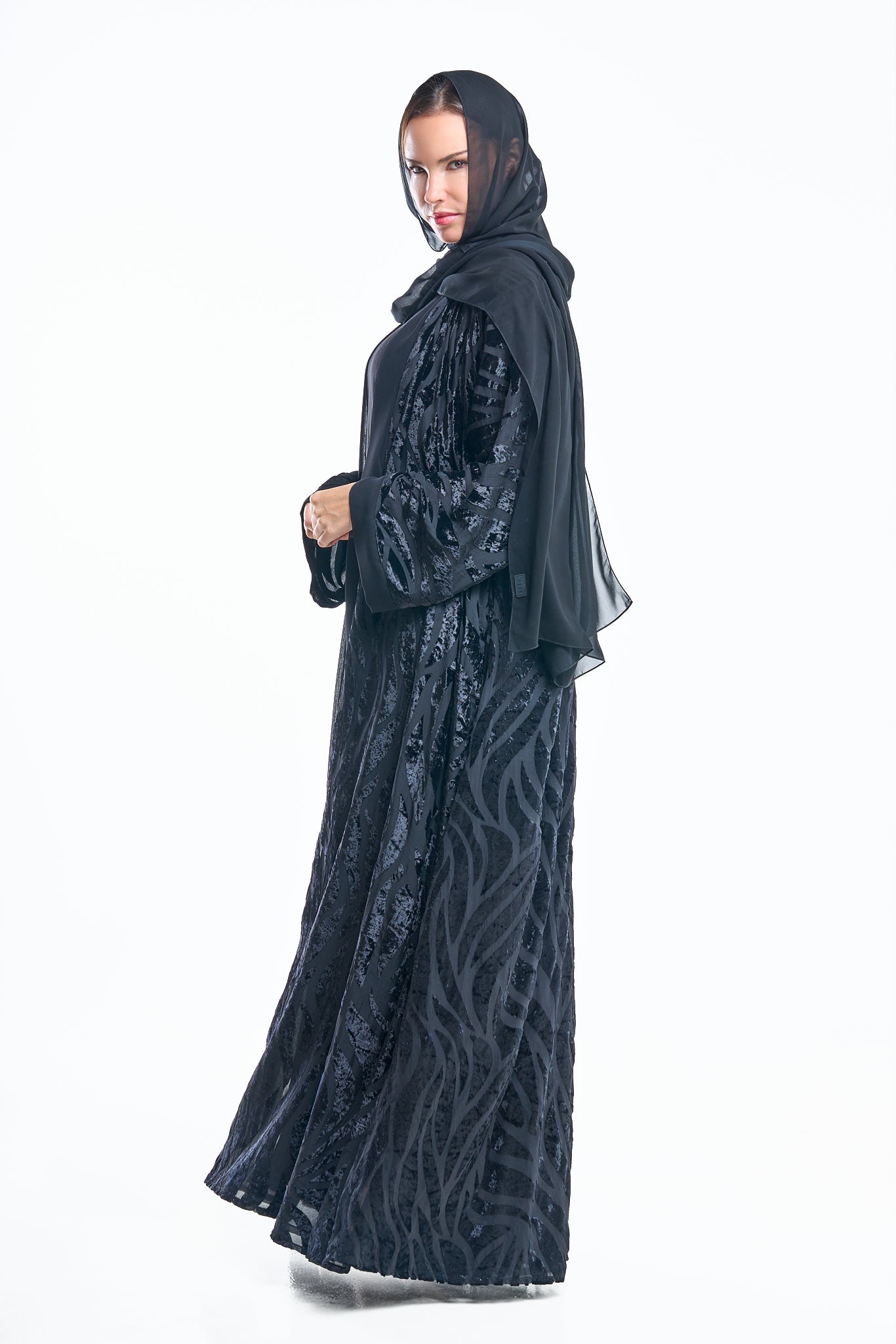 Velvet Burnout Abaya with Abstract Sleeves