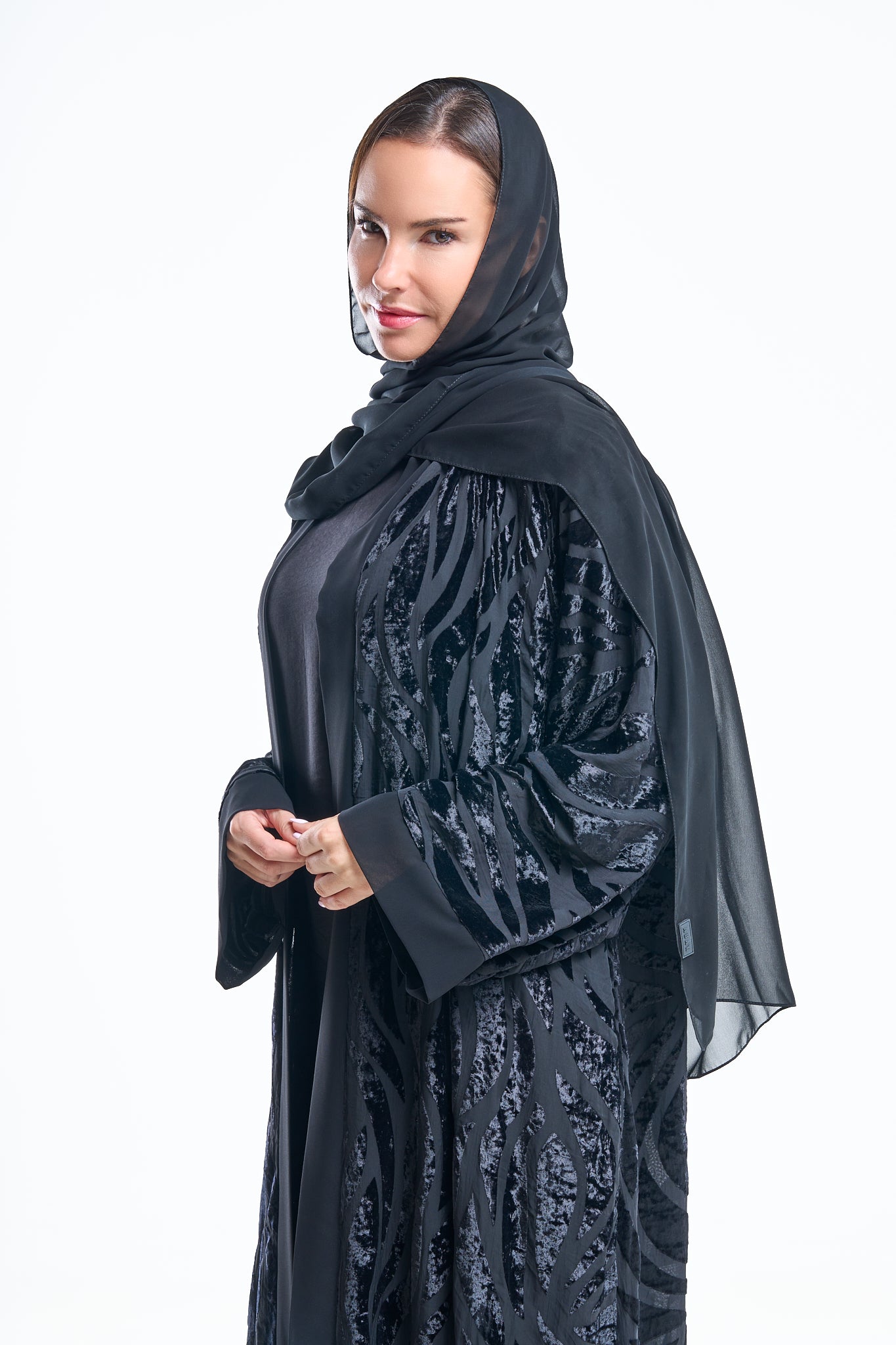 Velvet Burnout Abaya with Abstract Sleeves