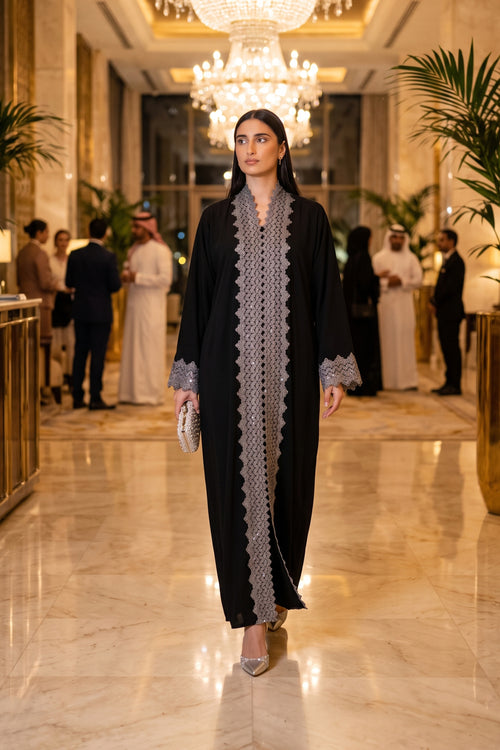 Midnight Silver Lace Abaya