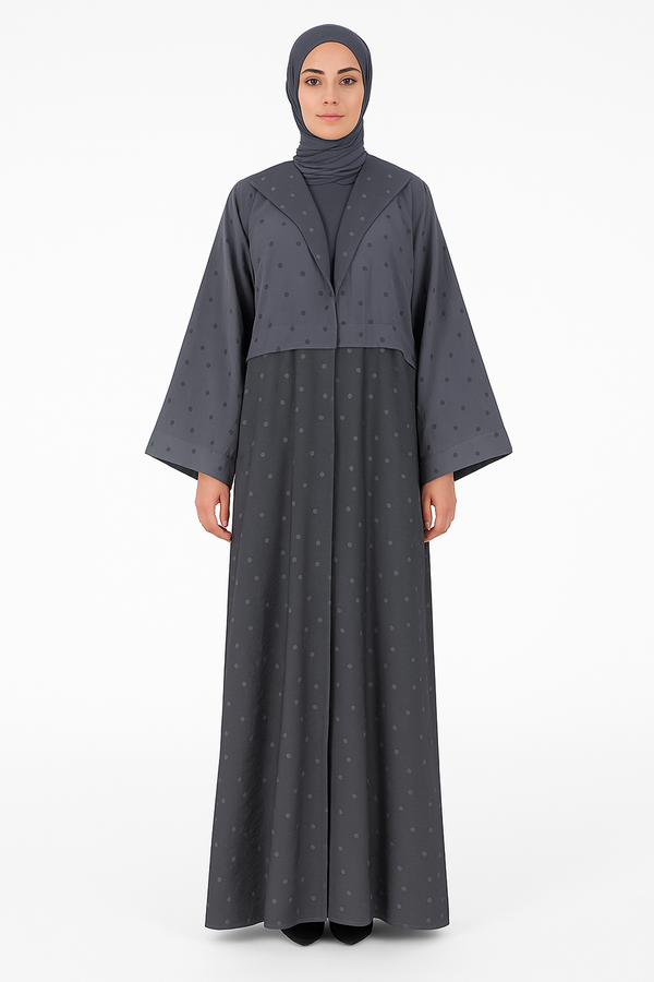 Ash Black Polka Dot Abaya with Oversized Collar
