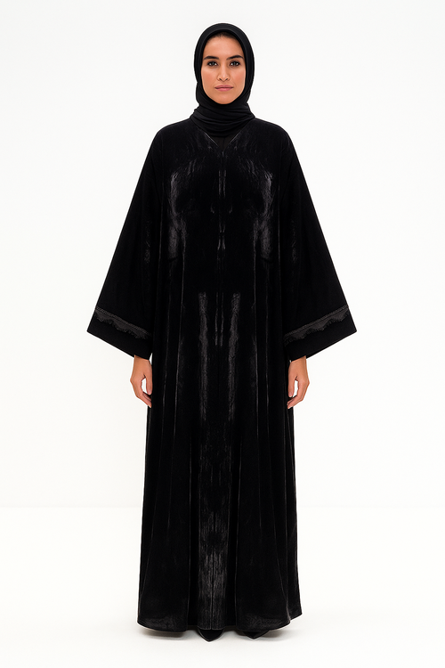 Velvet Abaya with Lace Sleeve Detail