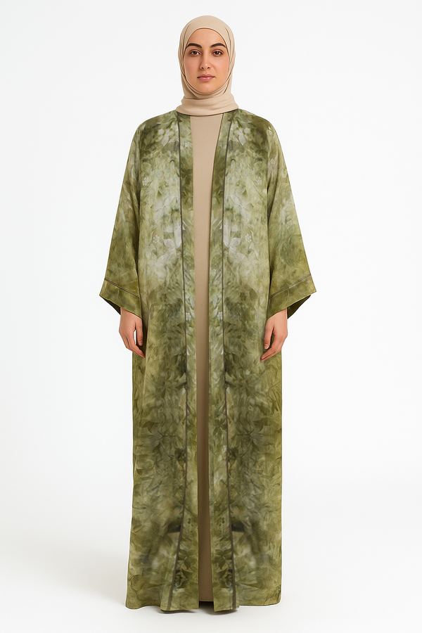 Open Abaya with green floral Pattern
