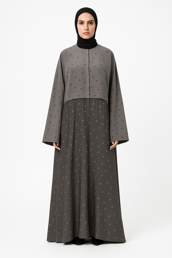 Charcoal Polka Dot Abaya with Oversized Collar