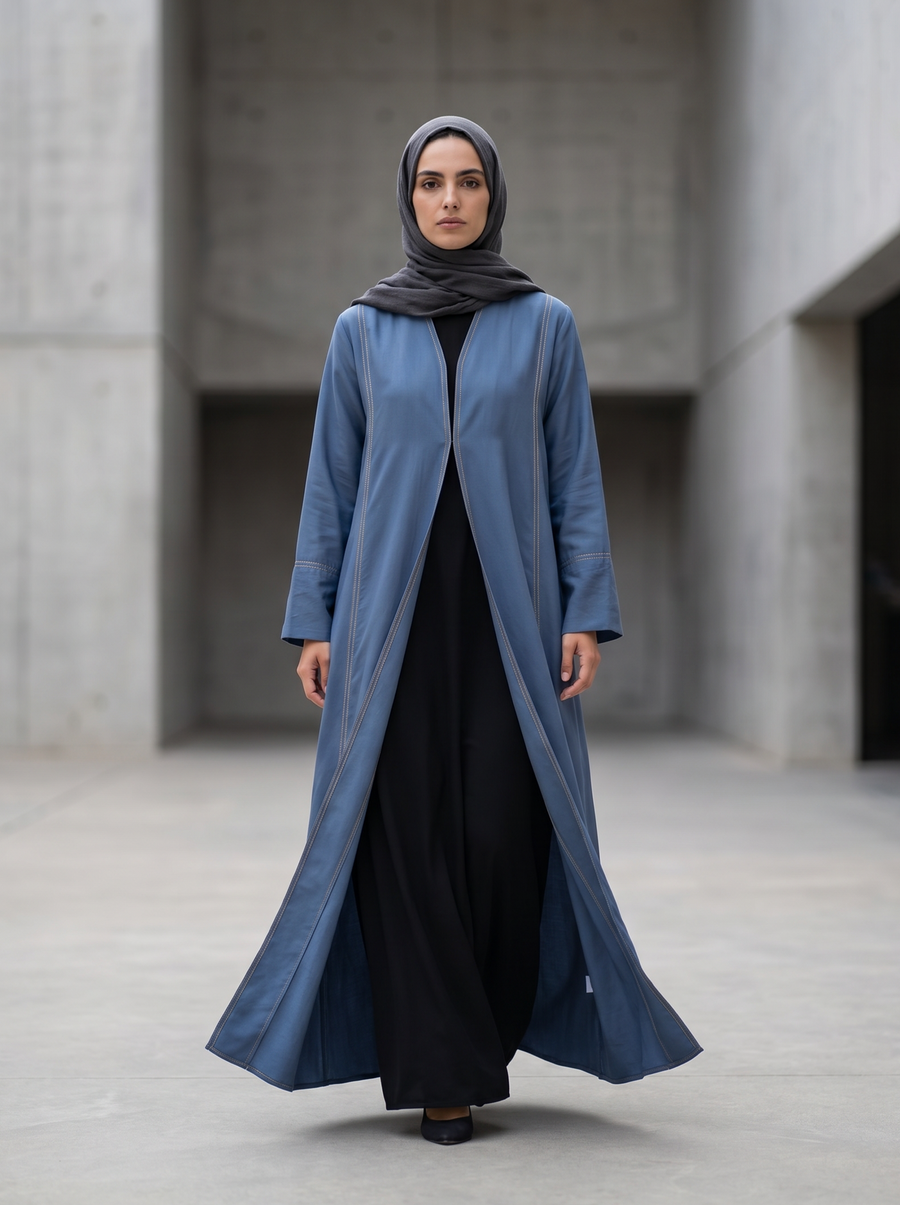 Stitch-Detail Blue Abaya with Front Button Accents