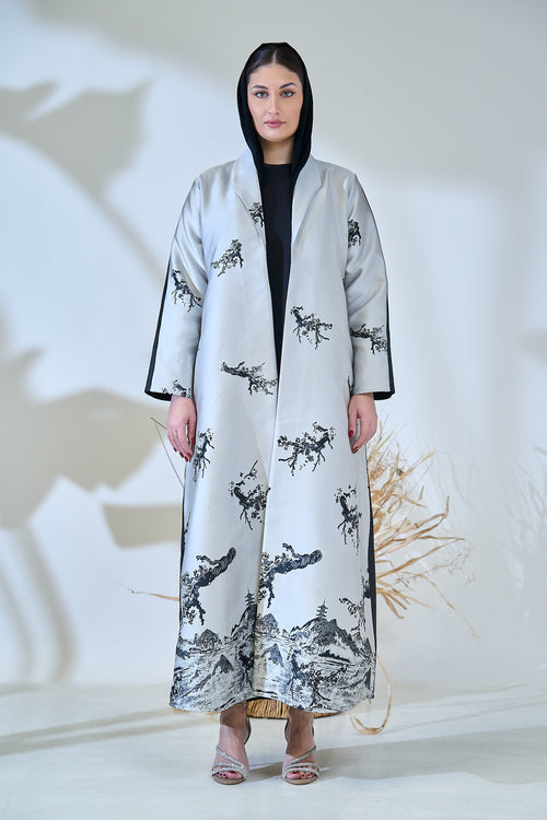 Premium Illustration Open Abaya with Nature-Inspired Print