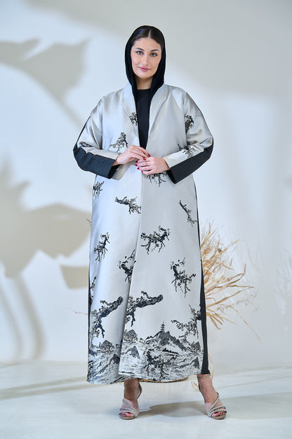 Premium Illustration Open Abaya with Nature-Inspired Print