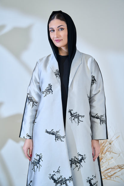 Premium Illustration Open Abaya with Nature-Inspired Print