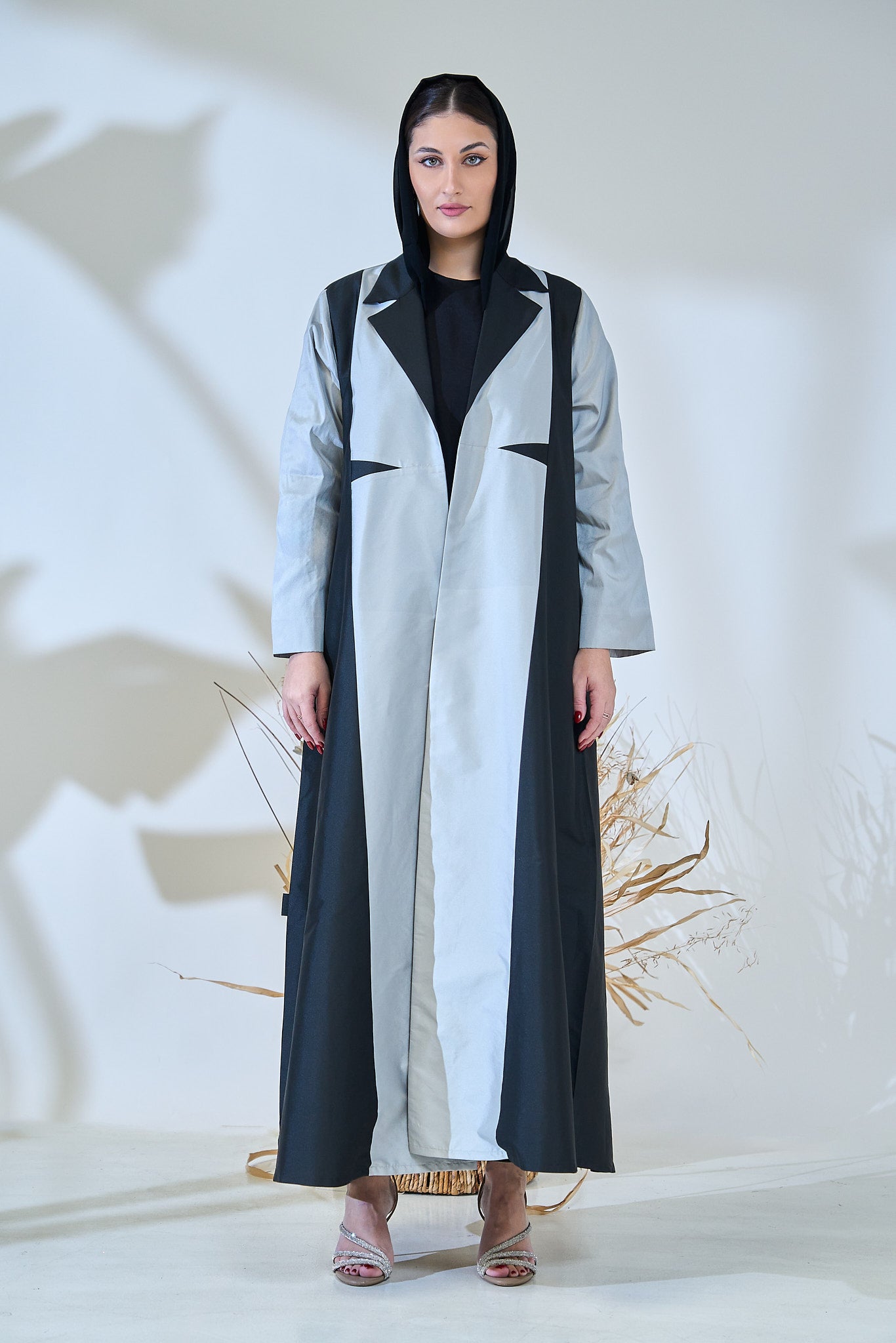 Monochrome Tuxedo-Panel Abaya in Structured Taffeta