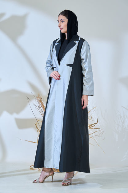 Monochrome Tuxedo-Panel Abaya in Structured Taffeta
