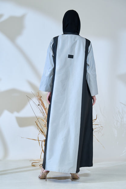 Monochrome Tuxedo-Panel Abaya in Structured Taffeta